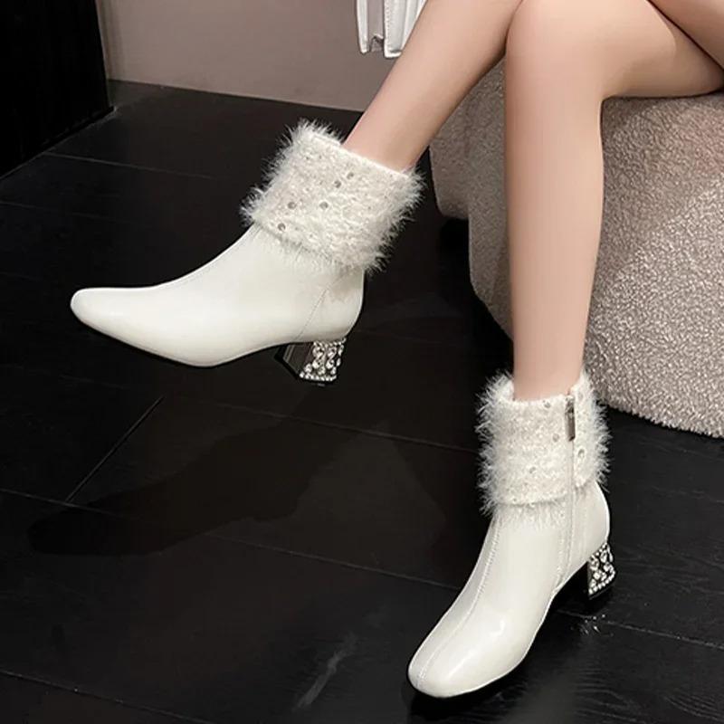 Damen Stiefeletten Kristall Fell Leder Hohe Absätze Schuhe Frau 2025 Trend Spitz Zehenbereich Klobig Mode Elegant Winter Botas De Mujer