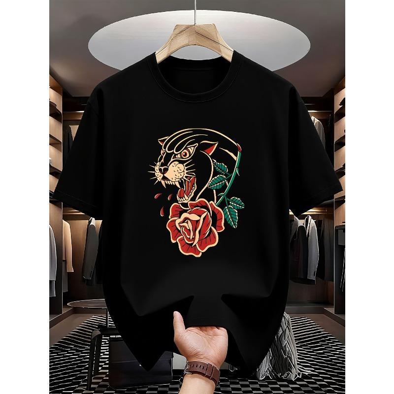 European Sizes Men s T-Shirt Panther Roar Rose Tattoo Tee | Black Background with Detailed Panther Head Red Rose Green Leaves Tattoo Style Graphic S разноцветный
