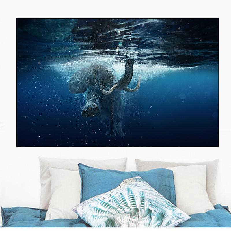 Animal African Elephant Swim in the Ocean Canvas Painting Posters and Prints Wall Picture Modern Living Room Home Deocr No Frame No Frame