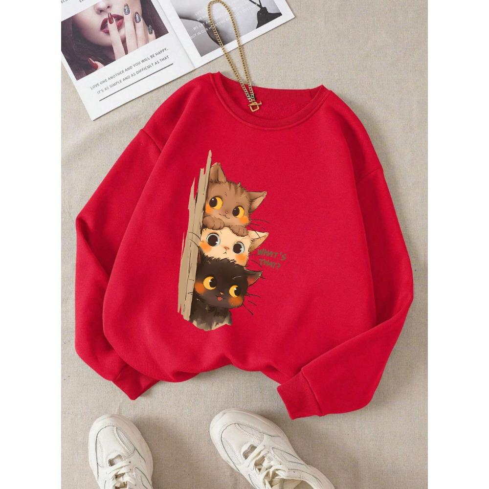 Three Little Cats Are Secretly Watching You Print Hoodie Women Street Loose Sweatshirt Basics Sporty Winter Clothes