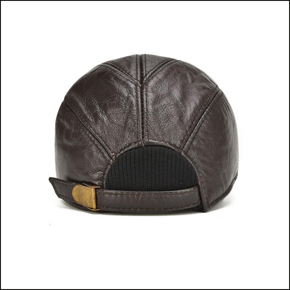New Men Casual Real Leather Earflap Cap Men Real Cowhide Leather Caps Male Fall Winter Genuine Real Cow Leather Baseball Hats