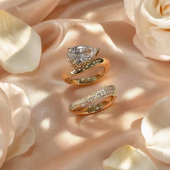 2Pcs/Set Women Ring Set, S-shaped Finger Ring with Dazzling Water Drop Cubic Zirconia, Alloy Stacking Rings Gift Jewelry