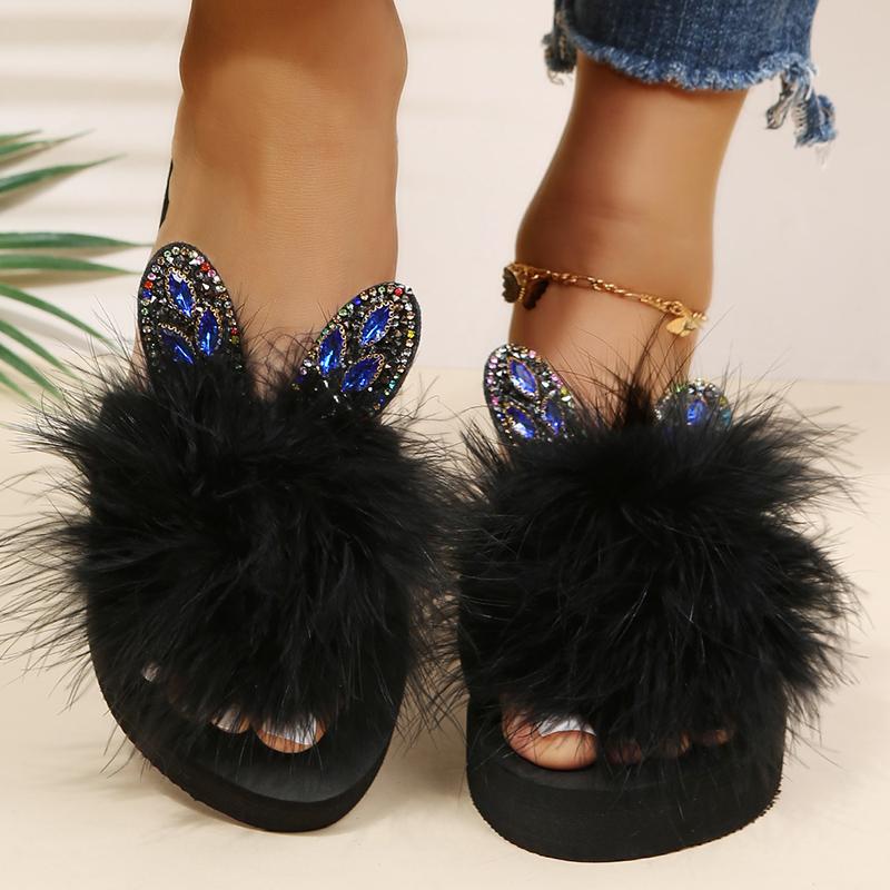 Fashion Faux Fur Wedges Slippers for Women Spring Autumn Fashion Crystal Detor Platform Slides Woman Slip On Open Toe Slippers Female