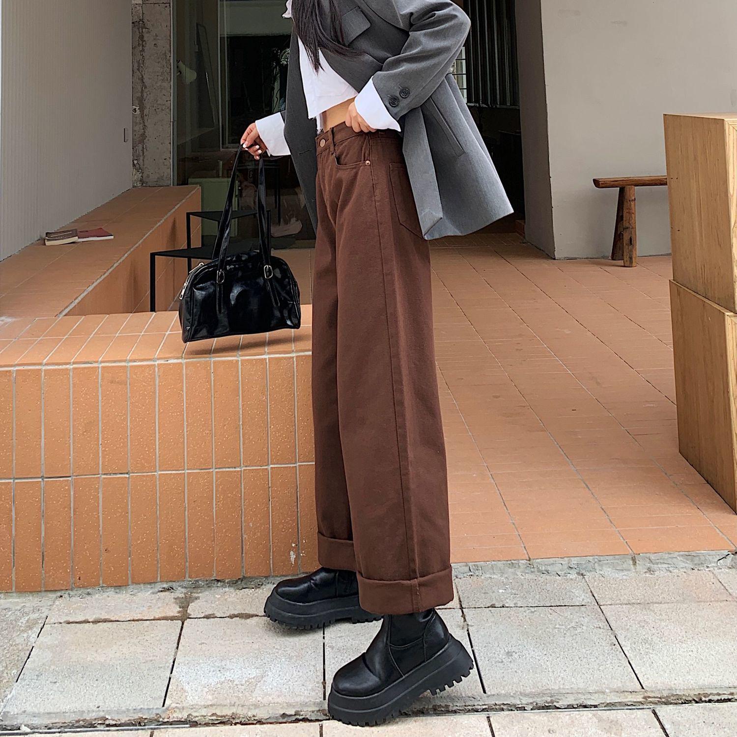

Autumn Korean Coffee Wide Leg Jeans: Women s High Waist, Slimming, Floor-Length Pants 2XL