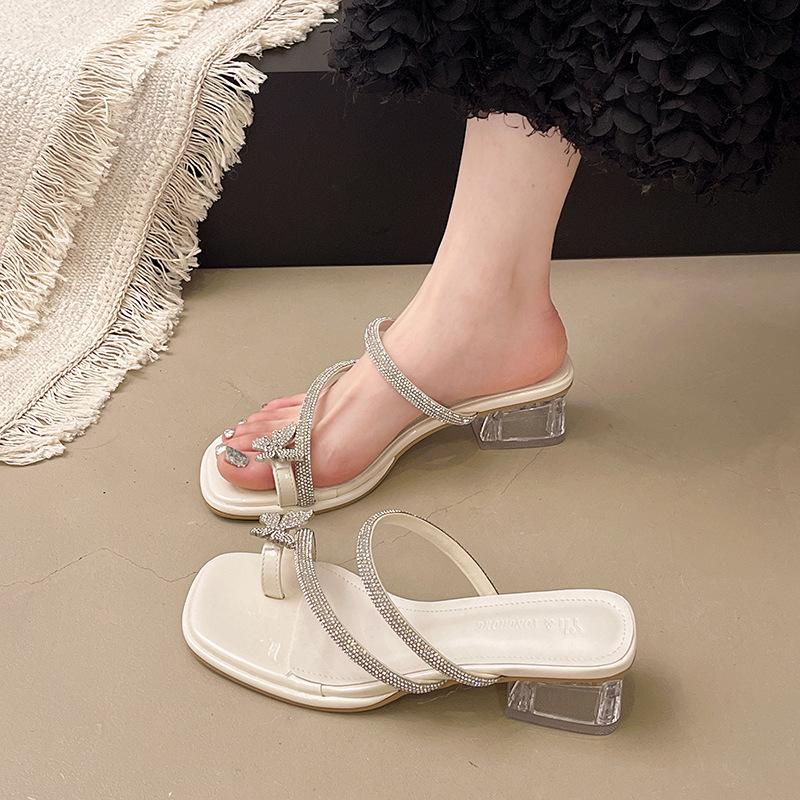 

Rhinestone bow set toe slippers women s 2025 new summer crystal high-heeled sandals two wear thick-heeled sandals 35 бежевый