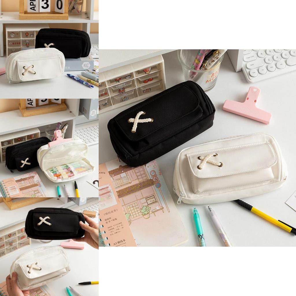 Cross Pattern Rope Pencil Bag With Multiple Compartments For Boys Girls Student Use