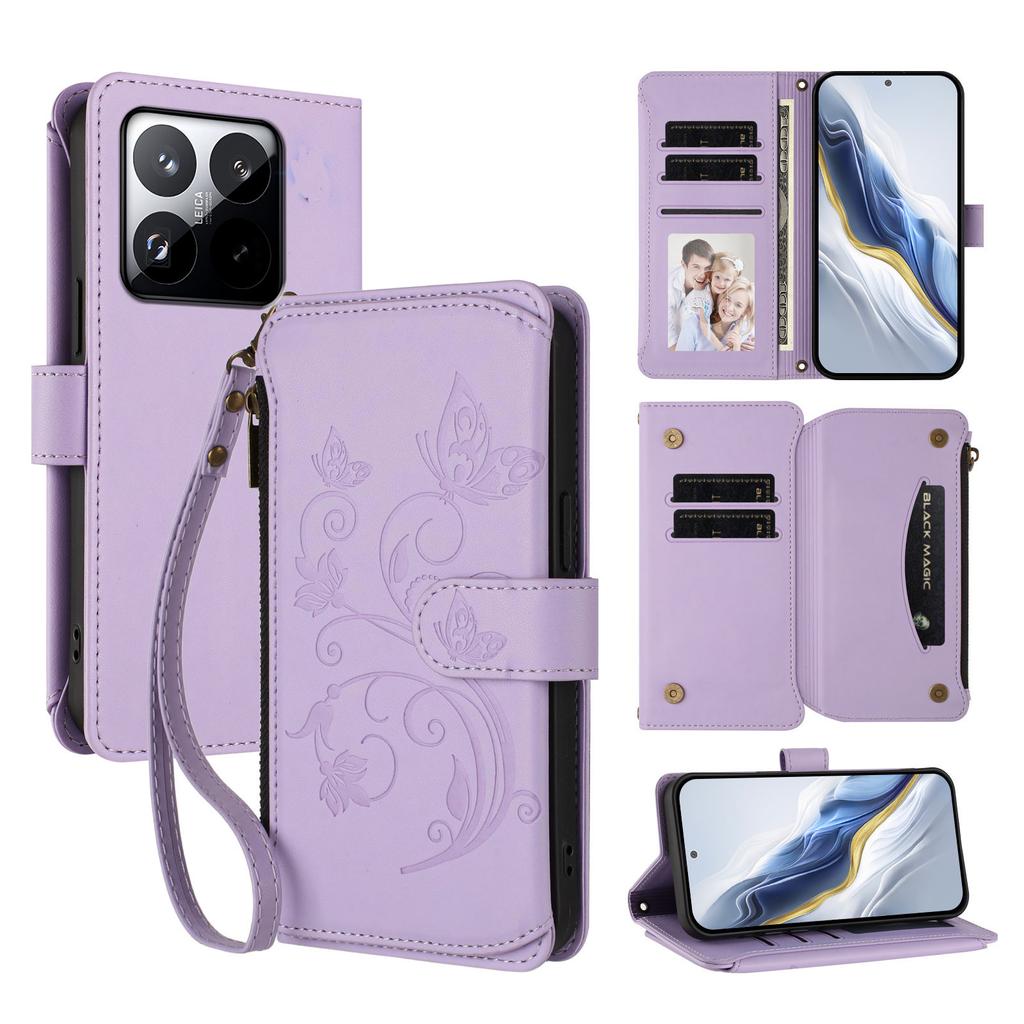 For Xiaomi 15T Leather Case Butterfly Floral Imprint Zipper Wallet Stand Cover with Wrist Strap