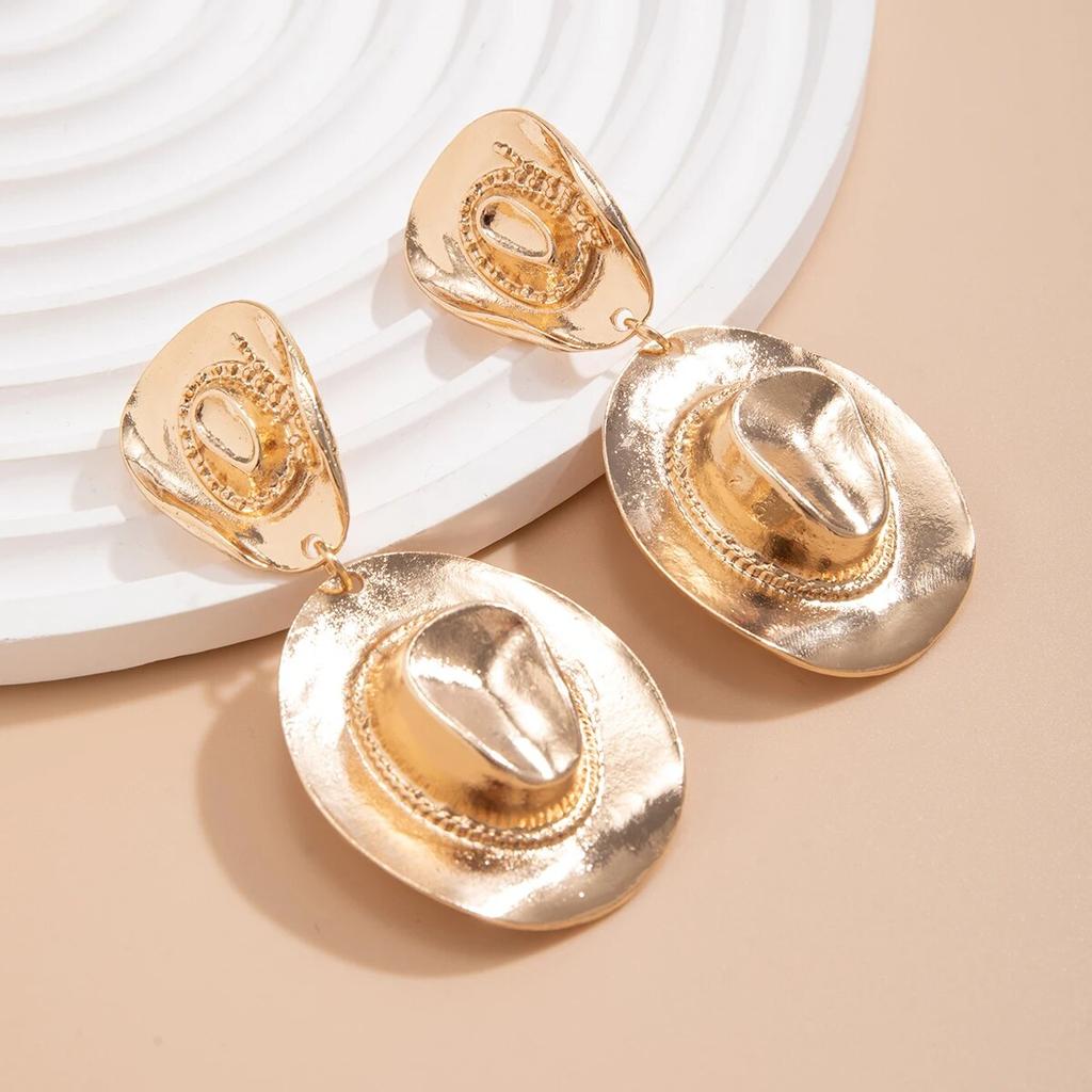 Punk Vintage Cowboy Hat Pendant Earrings for Women Exaggerated Gold Color Big Dangle Earrings Y2K Party Jewelry Accessories New