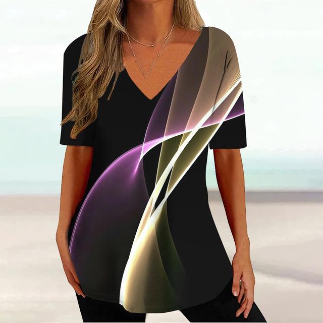 Tricou cu imprimeu curbat pentru femei, haine de vară cu decolteu în V, pentru femei, ocazional, cu mânecă scurtă.