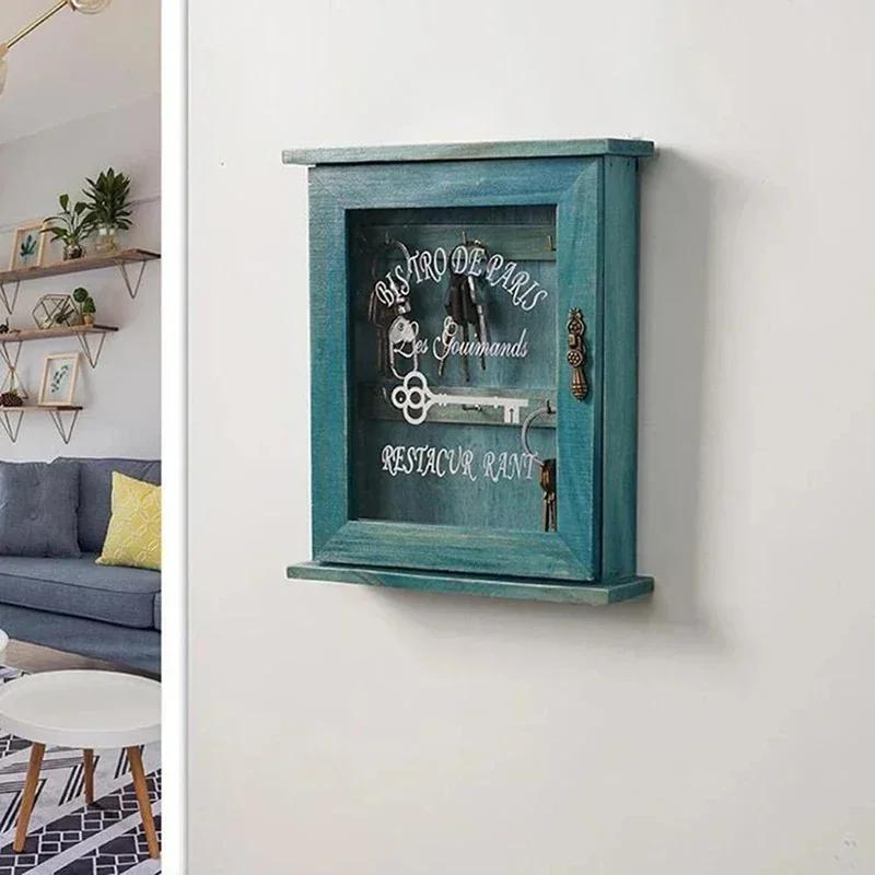 Hanging On The Wall Vintage Wooden Key Storage Box Housekeeper Blue Brown Cabinet Key Rack With Hook Rack Family Wall Decoration