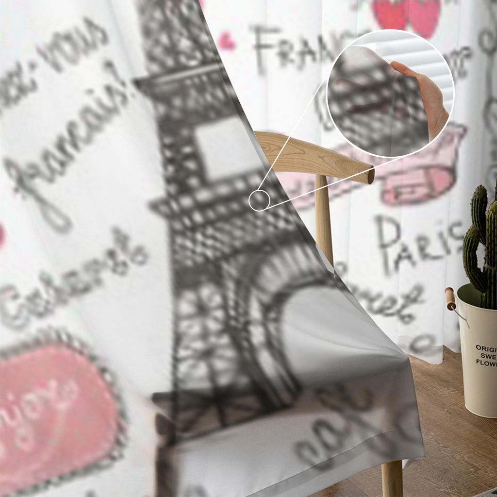 Set aus Pariser Symbolen Schriftzug Luxuriöse Chiffon Sheer Vorhänge für Wohnzimmer Schlafzimmer Dekoration Fenster Voiles Tüllvorhang