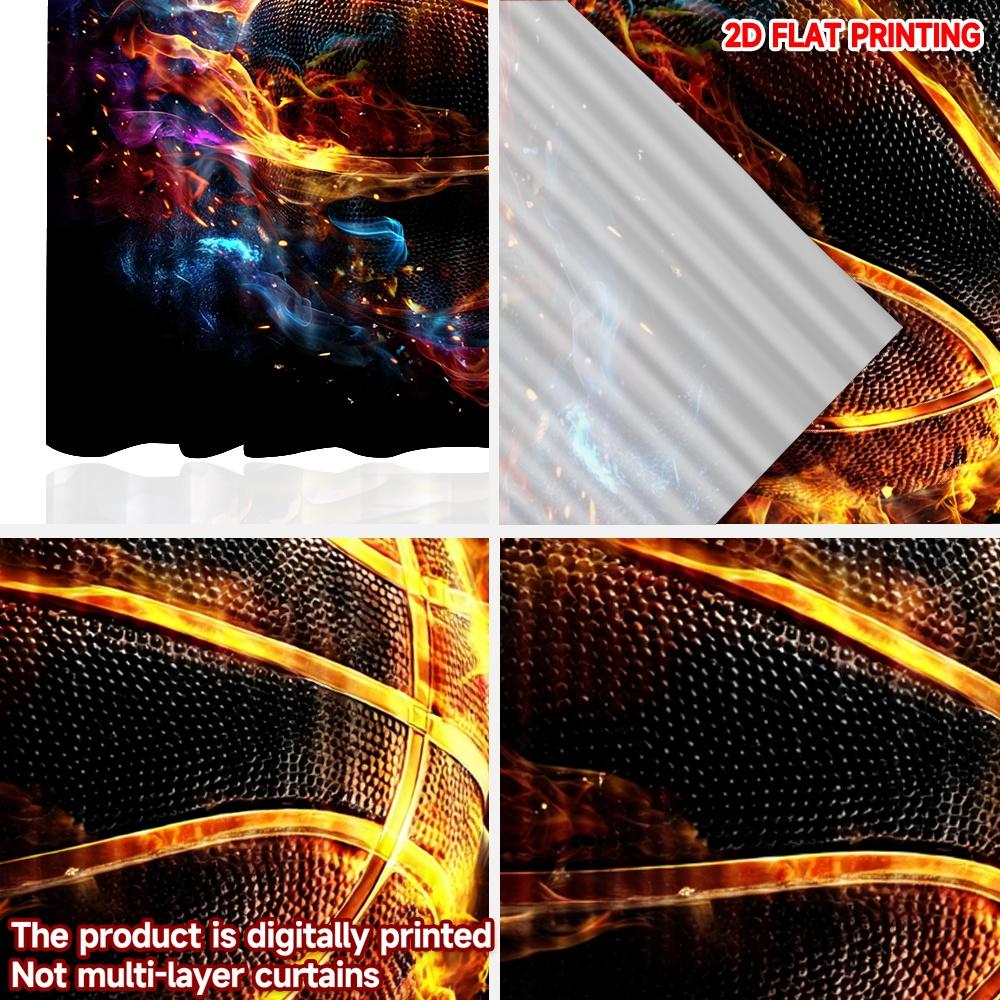 Set Of 2 Flaming Basketball Curtains Digital Printing Dynamic Orange Blue Fireball Black Background Sports Fan Room Decor Curtain Polyester