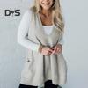 Women Sweater V-neck Sleeveless Solid Color Knitting Vest with Pockets Ribbed Trim Loose Fit Mid-length Casual Knitwear