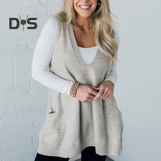 Women Sweater V-neck Sleeveless Solid Color Knitting Vest with Pockets Ribbed Trim Loose Fit Mid-length Casual Knitwear