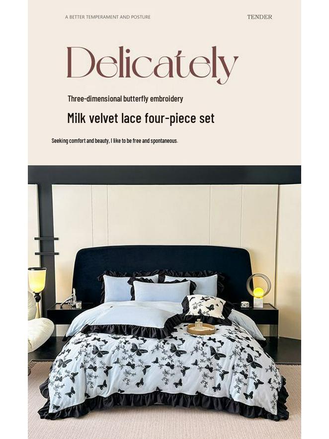 G5ZG5Z Korean Winter Velvet 4-Piece Set: Princess Style with Double-Sided Fleece and Lace Edging Quilt Cover.