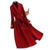 2025 Spring Women's Red Woolen Double-Sided Long Coat with Waist-Defining Design