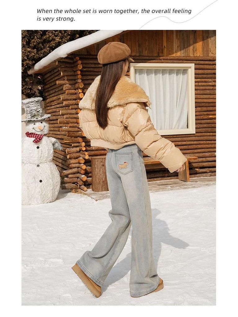 Women's High-Waisted Flared Jeans with Fleece Lining, Winter Collection, Pear-Shaped Fit, Slimming, Small Horse Embroidery, Narrow Flare, Relaxed Fit.