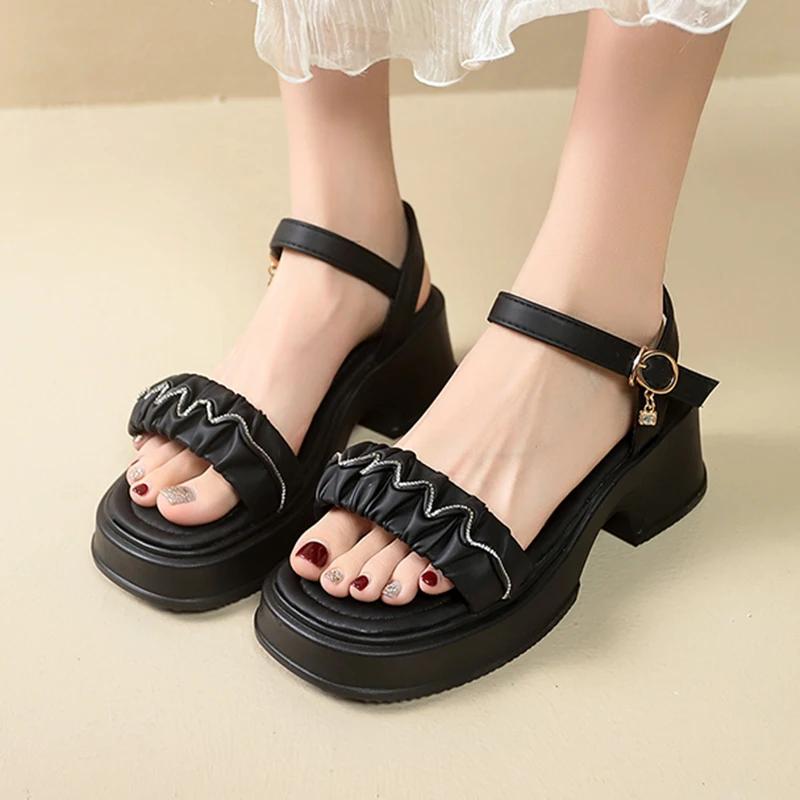 Fashion Pleated Pu Leather Platform Sandles Women 2025 Fashion Crystal Thick Sole Sandals Woman Ankle Strap High Heeled Sandals Female