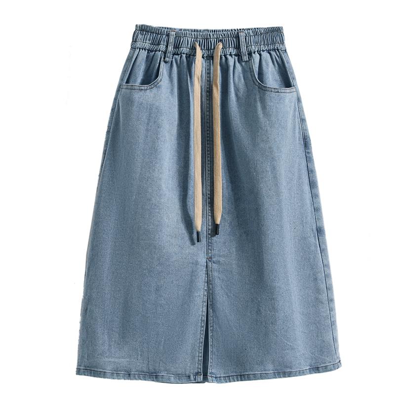 DIMANAF 2025 Plus Size Summer Denim Skirts Women Thin Elastic Casual Fashion A-Line Jeans Skirt High Waist