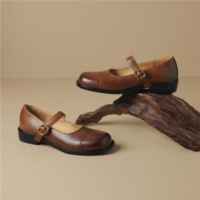 Pojedyncze buty damskie na niskim obcasie na wiosnę i lato, wygodne pojedyncze buty ze skóry bydlęcej z płytkimi ustami, oversize'owe buty Mary Jane na grubym obcasie