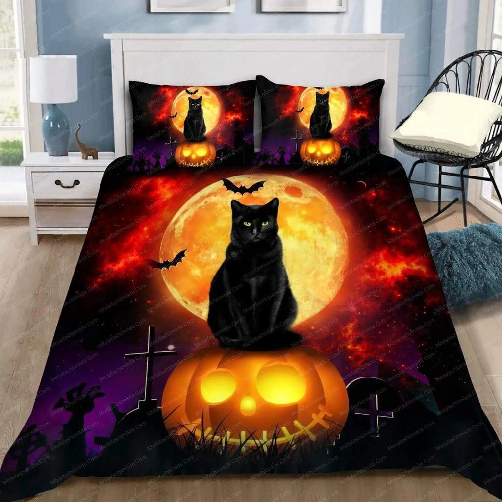 Wiccan Occult Black Cat Duvet Cover Set,Gothic Black Cat Bedding Sets Mysterious Sun And Moon Comforter Cover Queen Size
