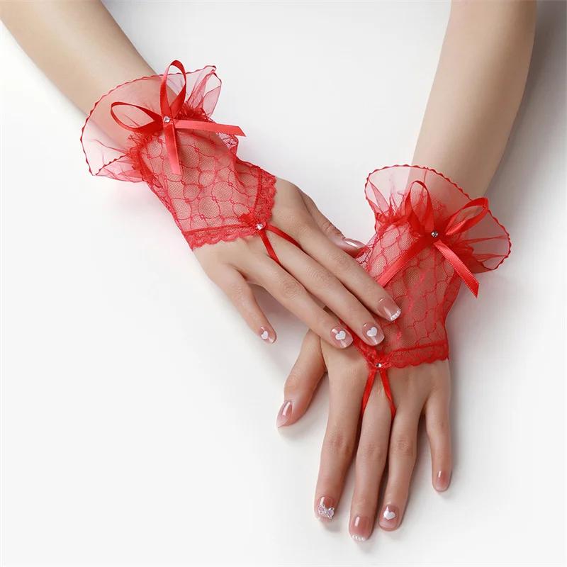 Guanti Corti in Pizzo da Donna Sposa Matrimonio Stile Lolita Manicotti in Rete con Fiocco di Nastro Fatto a Mano e Dito ad Anello Incollato