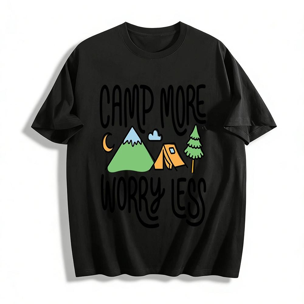 Camp More Worry Less Outdoor Camping Graphic Casual Tee Pure cotton T-shirt XXS
