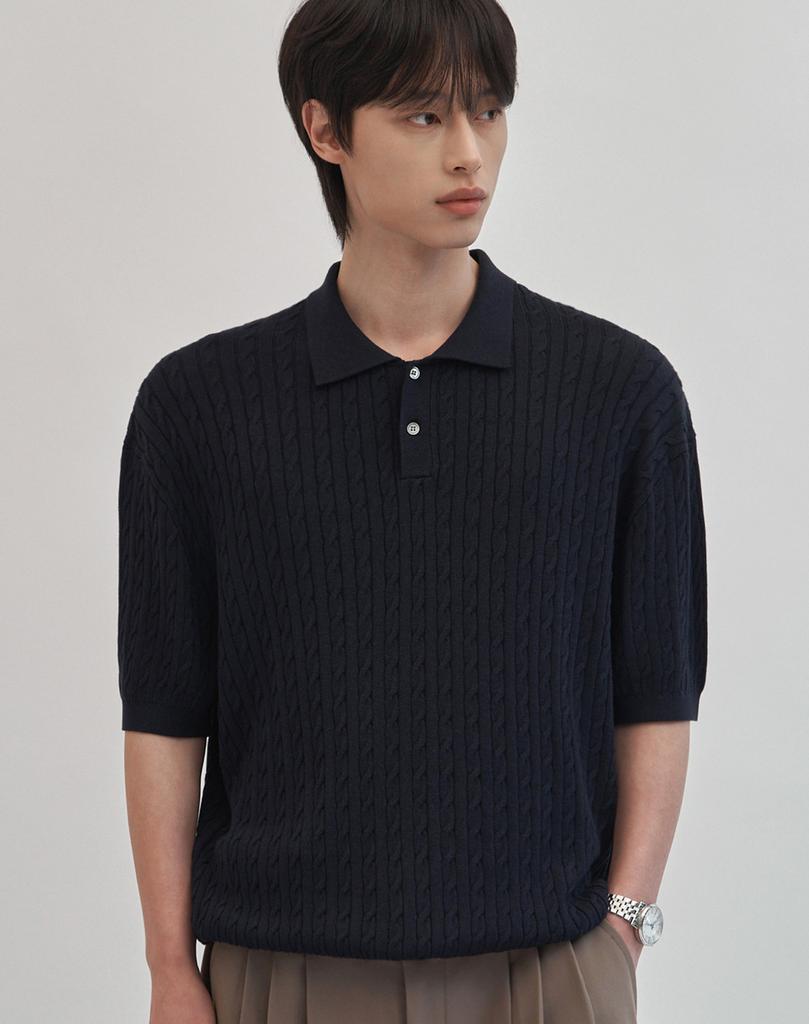 WORK ON BODY OFF Cool Bamboo Semi-Overfit Cable Collar Short Sleeve Knit [Navy]