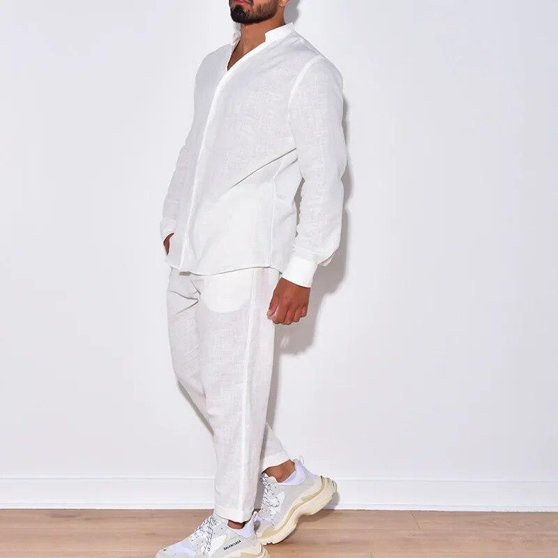 Mens Sets Linen Spring Autumn Leisure Suit Long Sleeve Shirts and Trousers Two Piece Sets Fashion Men Clothing