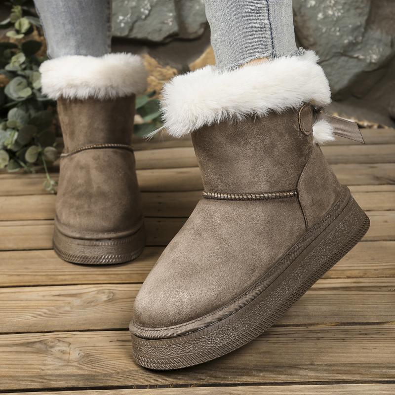 Fashion Sweet Bowknot Decoration Suede Snow Boots Women 2025 Soft Thick Bottom Ankle Boots Women Warm Faux Fur Non Slip Winter Shoes