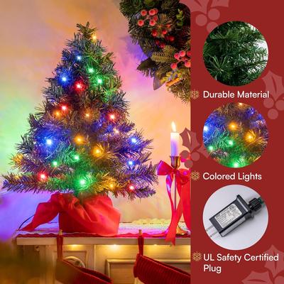 JOYFY 24"/2FT Small Tabletop Christmas Tree with Multi-Color LED Lights Table Top Decorations Green Mini Lighted Tree for Xmas