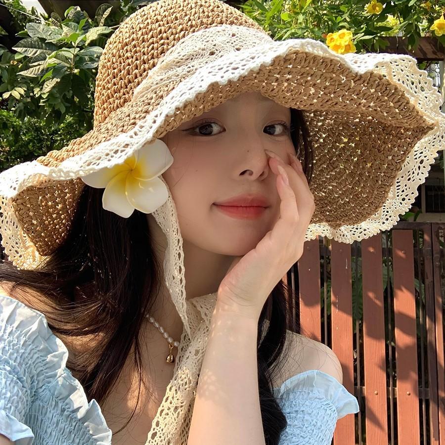 Straw Flower Straw Hat Women's Big Brim Summer Seaside Vacation Beach Face Small Foldable Sunshade Sunscreen Hat