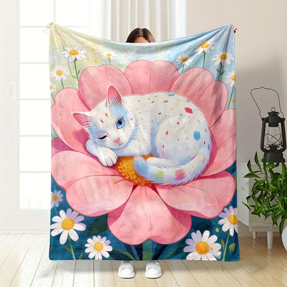 

Illustration of a white cat and flowers Print Warm Comfortable Blanket Home Travel Camping for Adults and Kids Luxury Gifts 75x90cm