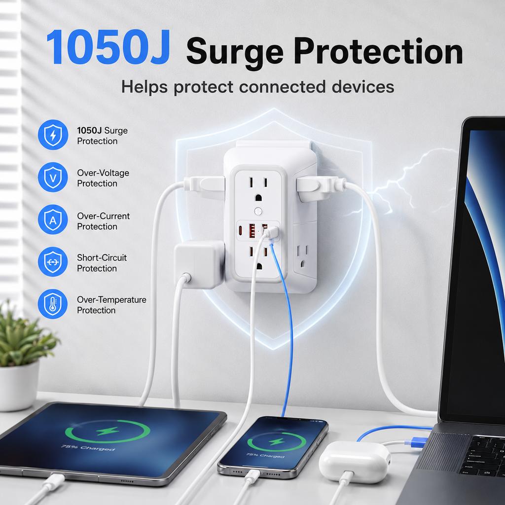 10-in-1 Outlet Extender with Night Light, 6 AC Outlets, 2 USB-C & 2 USB-A, 1050J Surge Protector, 3-Sided Multi Plug Adapter