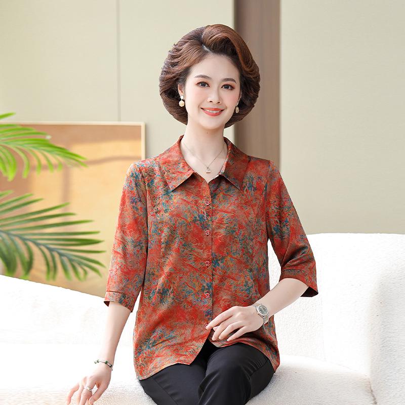 

Xiangyun Silk Short-Sleeve Shirt for Middle-Aged & Elderly Women - Stylish Summer Top 5XL (150-165 lbs) красный