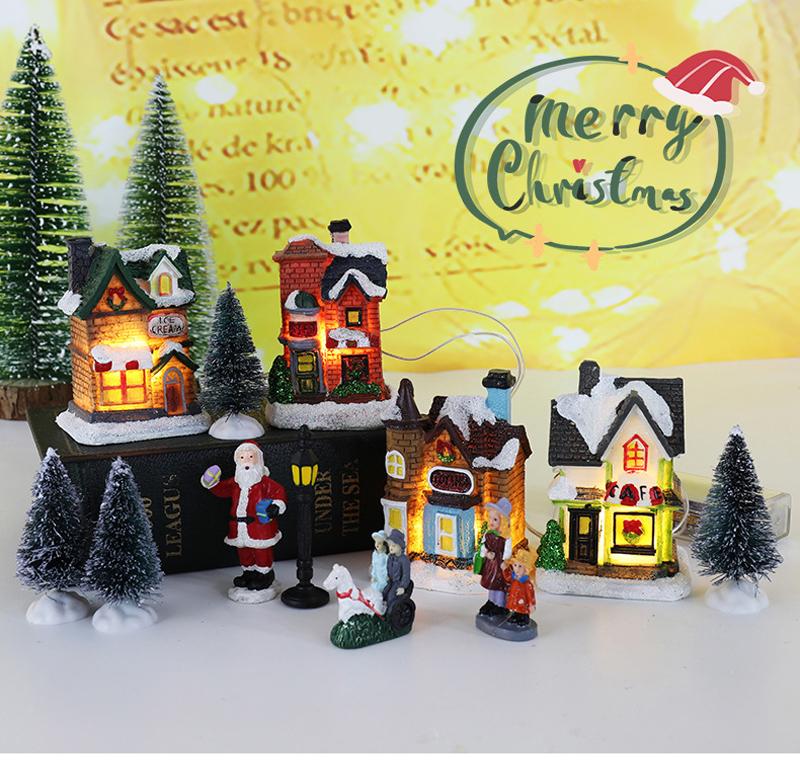 LED Resin Christmas Village Ornaments Set Figurines Decoration Santa Claus Pine Needles Snow View House Holiday Gift Home Decor