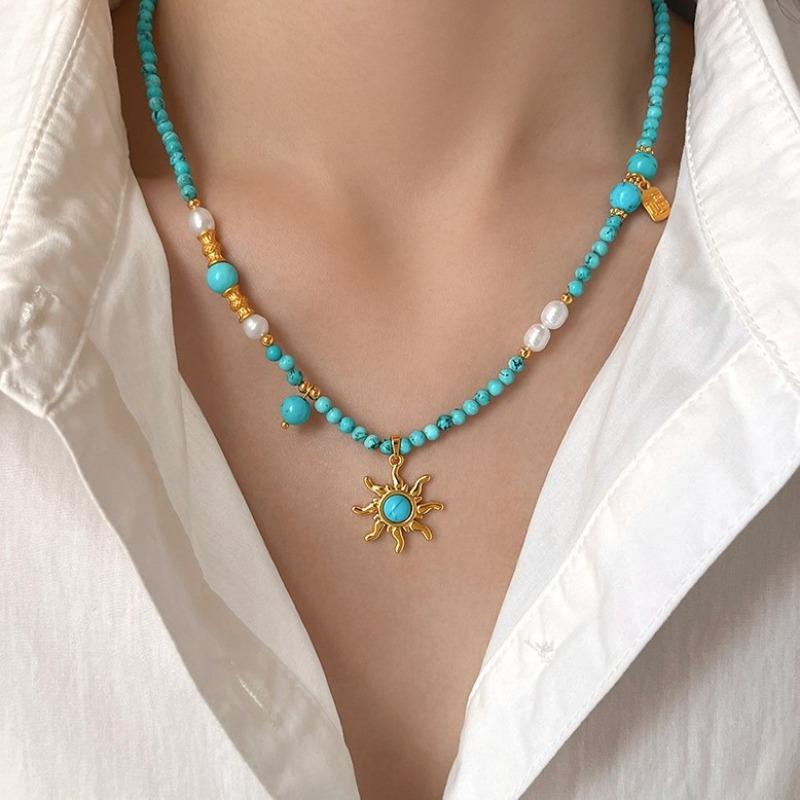 Textured 3mm Natural Stone Turquoise Freshwater Pearl Bamboo Joint Beaded Necklace for Women Titanium Steel Beads Choker