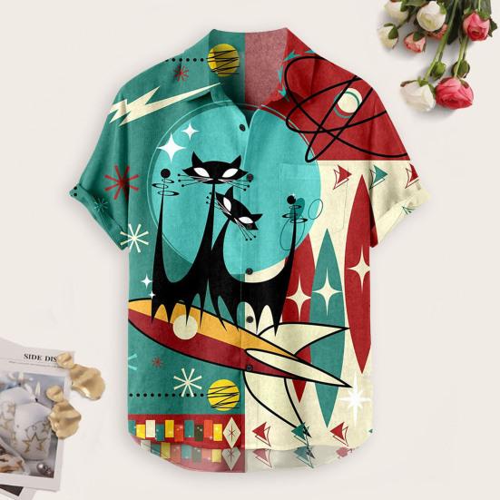 Men Beach Shirt 3D Cartoon Print Color Matching Short Sleeves Single-breasted Cardigan Beachwear Loose Turn-down Collar Summer Vacation Shirt