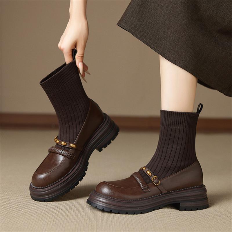 Fashion New Autumn/winter Split Leather Women Boots Round Toe Shoes for Women Fashion Skinny Boots Mid Heels Platform Chelsea Boots
