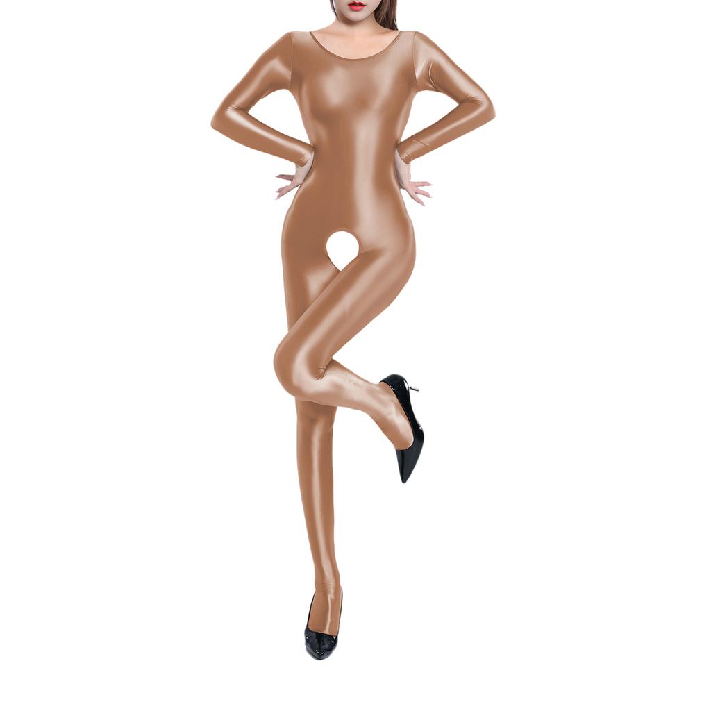 Womens Glossy Smooth Full Body Jumpsuit Long Sleeve Stretchy Bodysuit