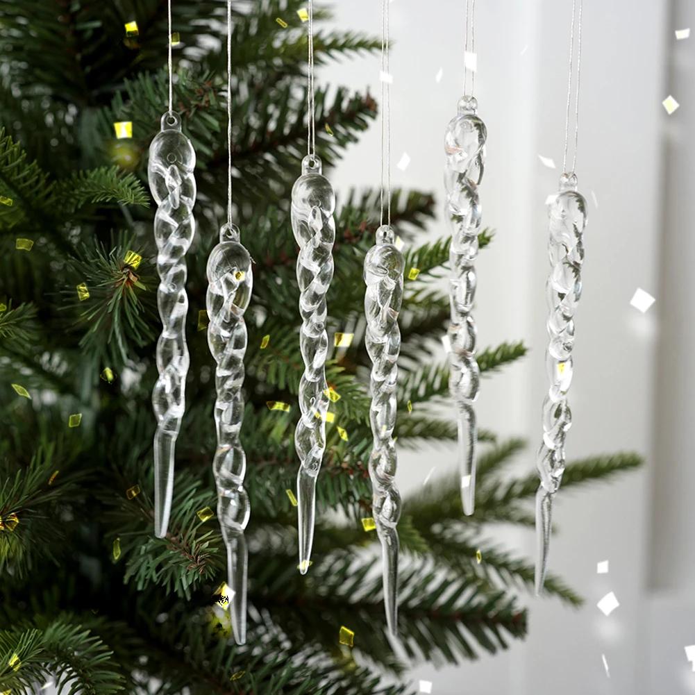 12/24Pcs Christmas Simulation Icicle Pendants Transparent Icicles Decor Clear Crystal Twisted Icicle for New Year Decor
