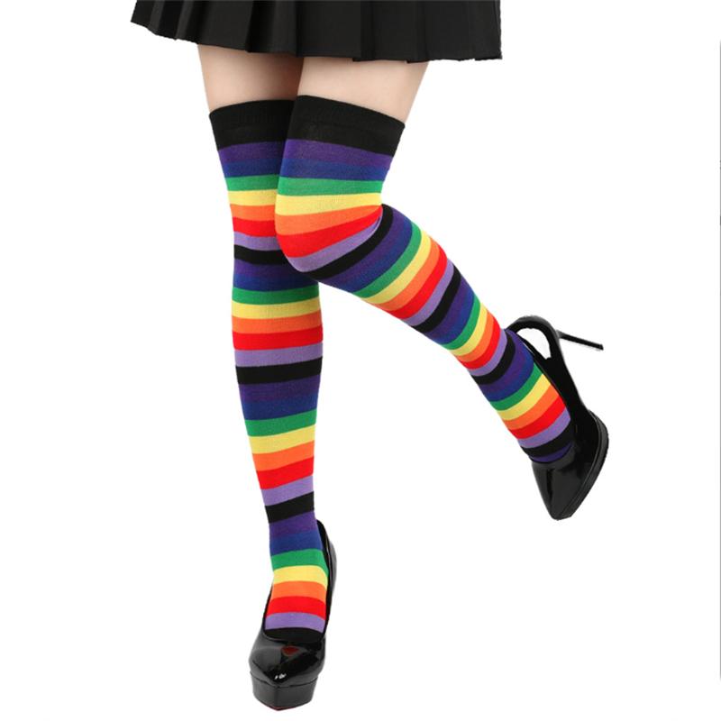 Rainbow Striped Long Tube Socks Over-the-Knee Socks Women Festival Party Costume Accessories Performance Dance Colorful Striped Socks Wholesale