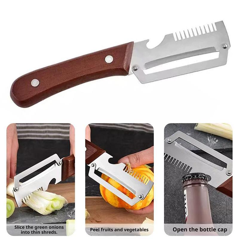Multi-Functional Vegetable Peeler Kitchen 2 In 1 Stainless Steel Peeler With Wooden Handle And Bottle Opener