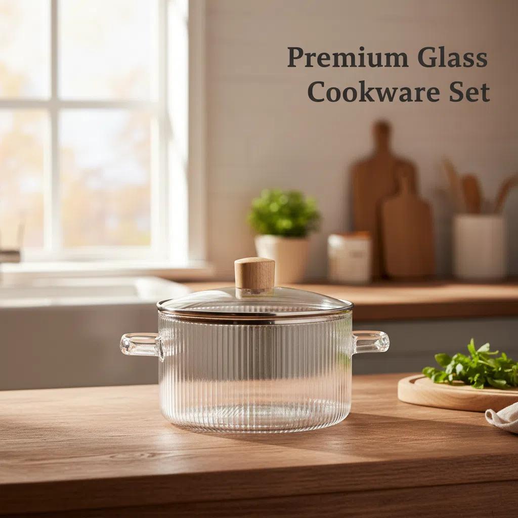 

Glass Soup Pot with Double Handles Transparent Striped Cooking Pot for Noodles and Milk Compatible with Electric Ceramic Stoves білий