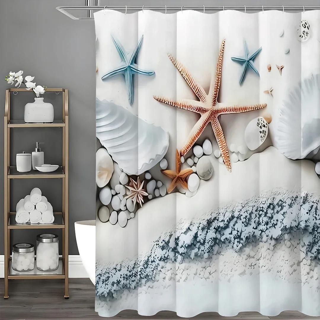 YXBeach Starfish Shell Shower Curtain, Bathroom Decorative Shower Curtain, Waterproof Shower Curtain with Hooks W90XH180cm