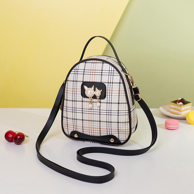 Ladies Scottish Plaid Small Backpack Autumn and Winter New Cat Pearl Mobile Phone Small Bag