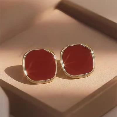 Sterling Silver Red Square Stud Earrings - 2024 Trendy Women's Design, Elegant High-End Style