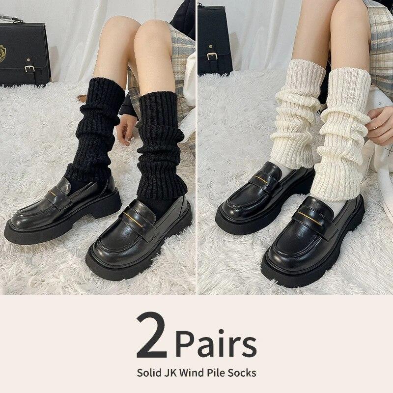 2 Pairs of Women's Four-season Autumn and Winter Solid Color Harajuku Fashion Wear Trendy Simple JK College Style Pile Socks