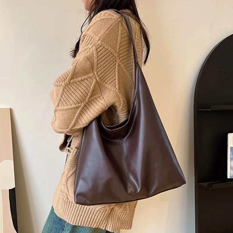

Women s Fashionable Simple Tote Bag Large Capacity PU Commuter Shoulder Bag High Sense Retro Armpit Bag кофейный