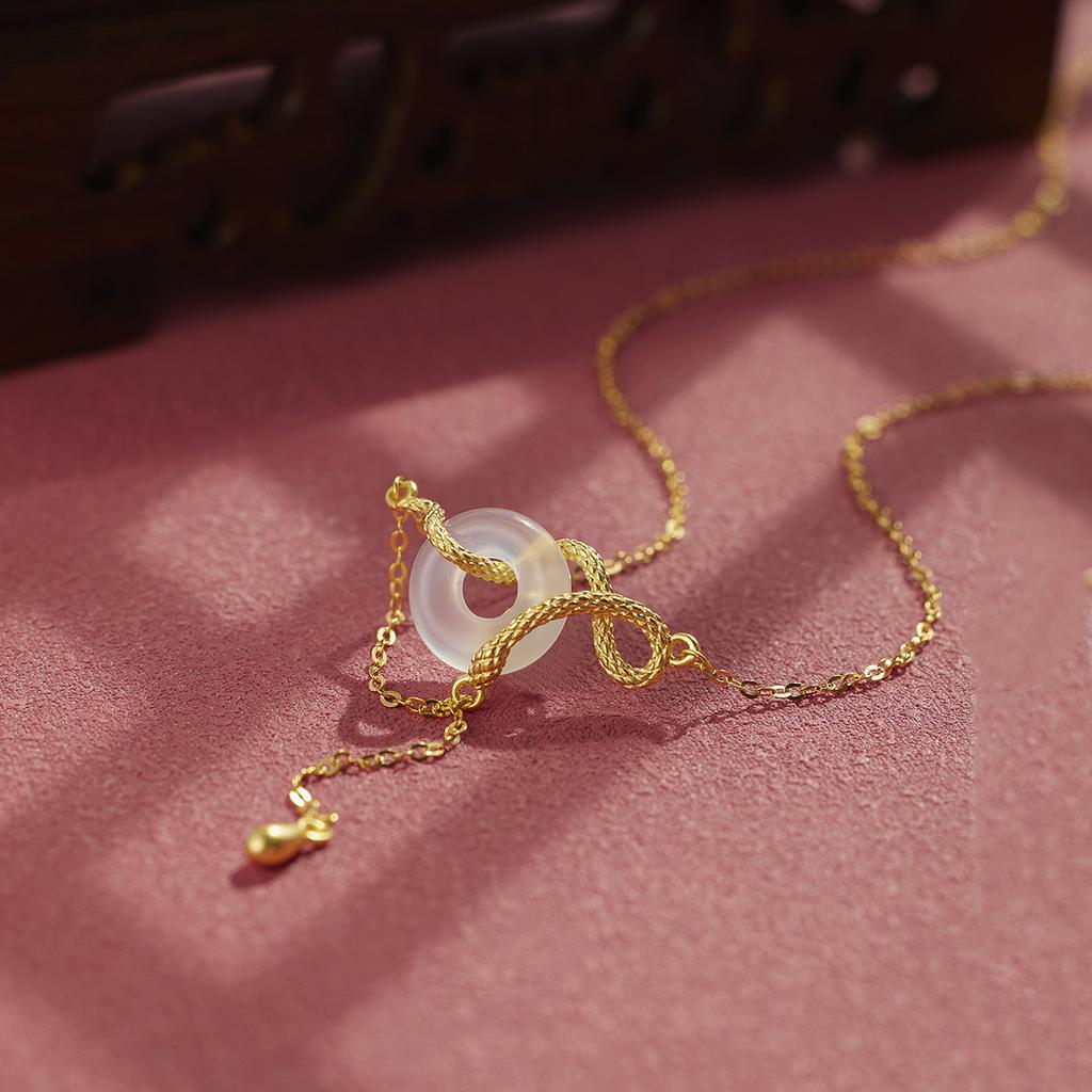 925 sterling silver snake necklace women's retro yellow-gold spirit snake safety buckle pendant niche temperament collarbone chain